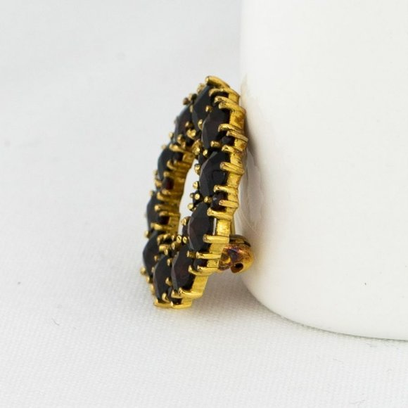 Vintage Genuine Garnet Brooch Gold Tone Circle Tested Dark Round Faceted Germany - Picture 3 of 8